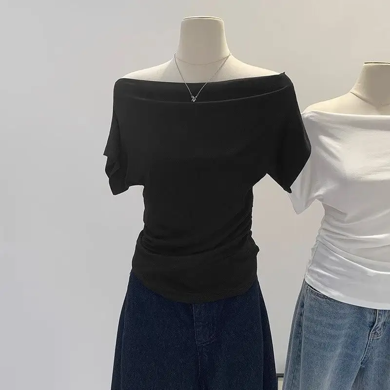 Super Touch Modal Cotton ~ One-Shoulder Collar Short-Sleeved T-Shirt for Women, Summer Design, Slim Off-Shoulder Slanted Shoulder Top, Trendy