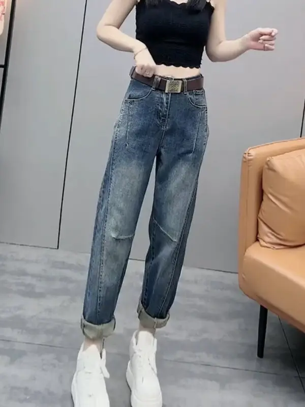 Plus Size Women's Retro Straight Cropped Jeans 2025 Spring New Trendy Slimming Harem Pants - Image 6