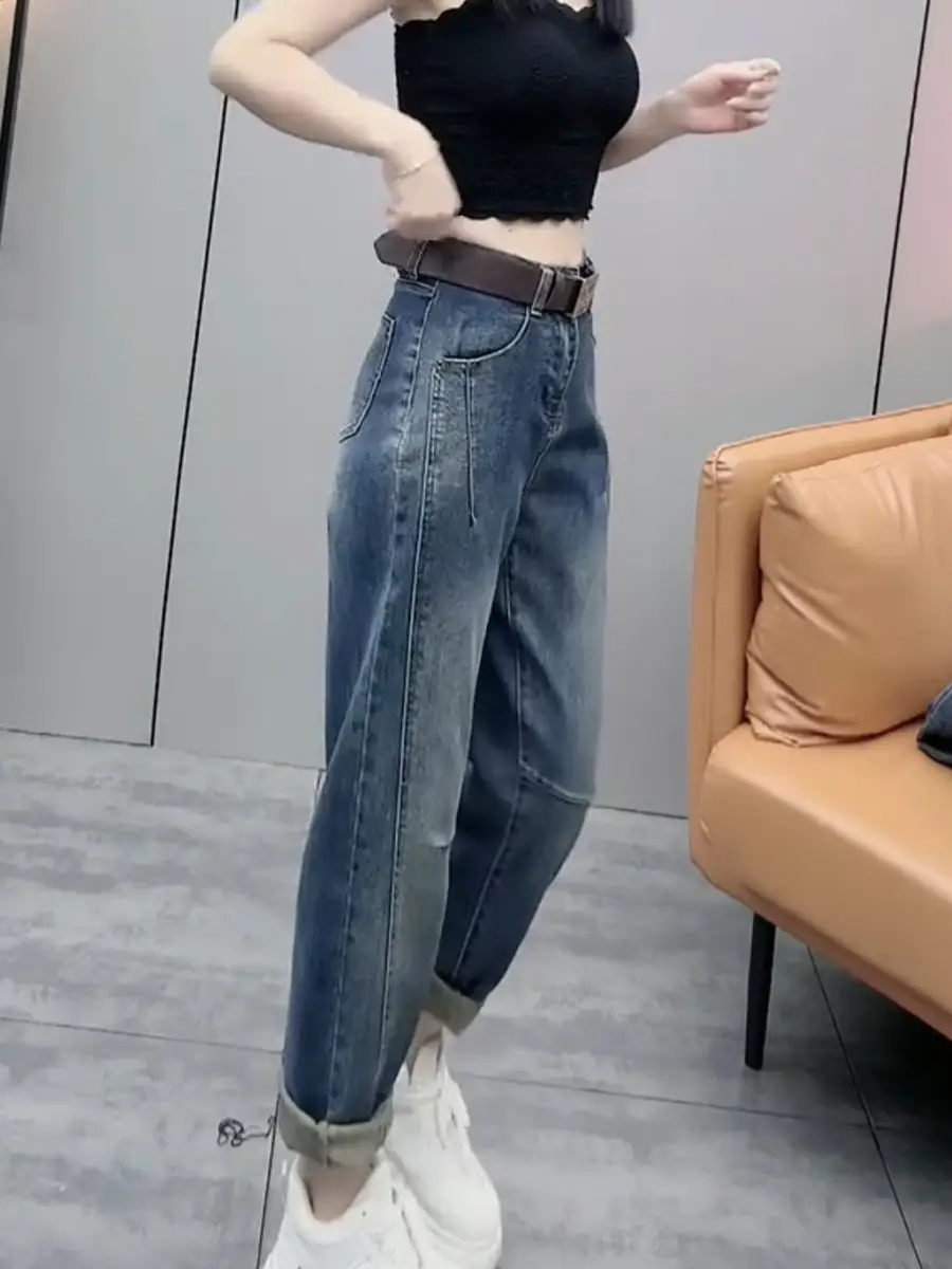 Plus Size Women's Retro Straight Cropped Jeans 2025 Spring New Trendy Slimming Harem Pants — feature 10