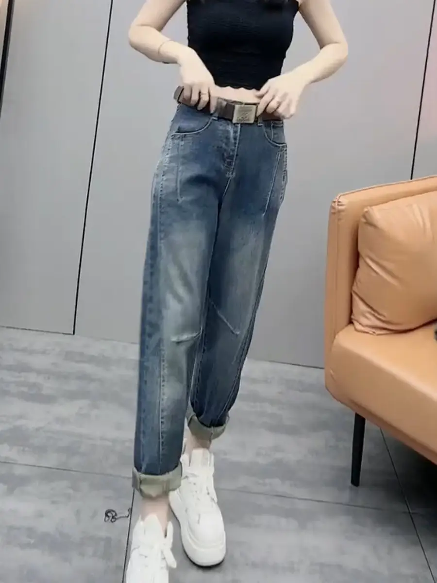 Plus Size Women's Retro Straight Cropped Jeans 2025 Spring New Trendy Slimming Harem Pants — feature 12