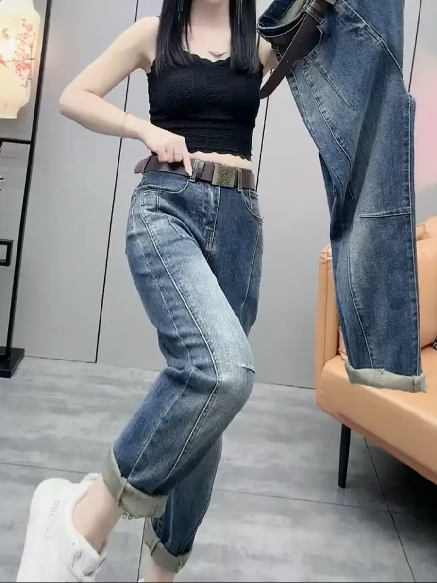 Plus Size Women's Retro Straight Cropped Jeans 2025 Spring New Trendy Slimming Harem Pants — feature 13