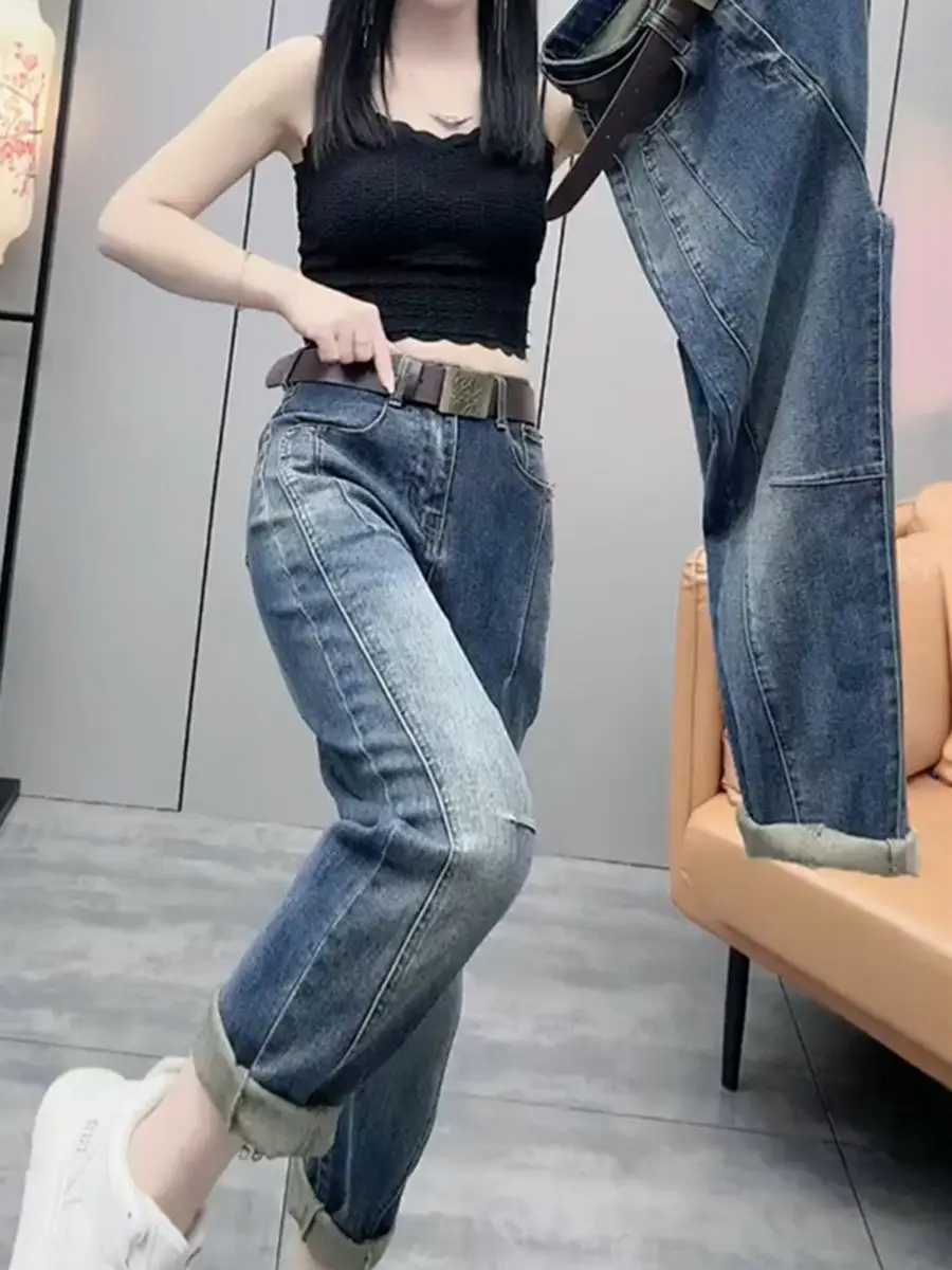 Plus Size Women's Retro Straight Cropped Jeans 2025 Spring New Trendy Slimming Harem Pants — feature 14