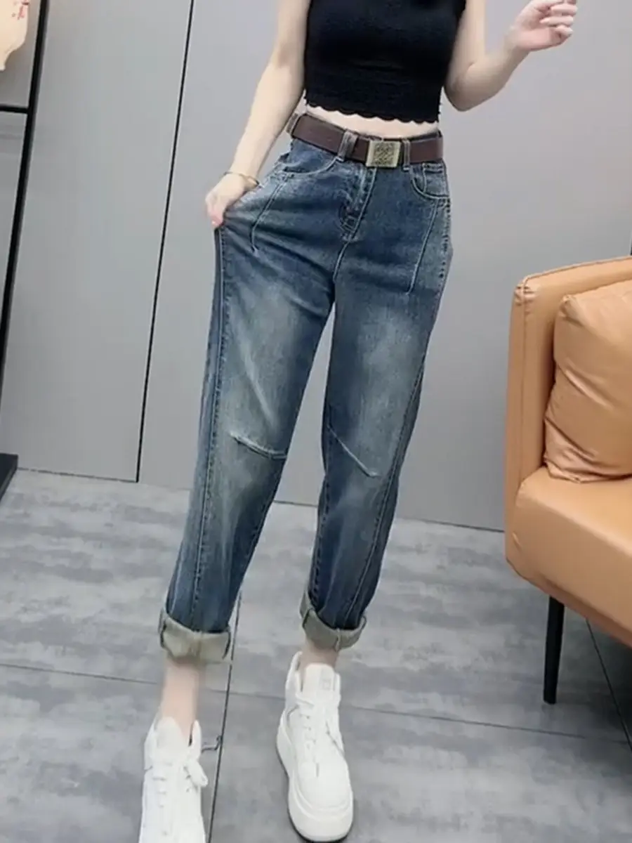 Plus Size Women's Retro Straight Cropped Jeans 2025 Spring New Trendy Slimming Harem Pants — feature 5
