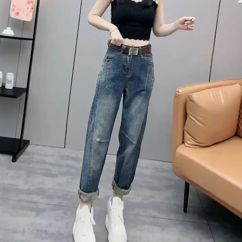 Plus Size Women's Retro Straight Cropped Jeans 2025 Spring New Trendy Slimming Harem Pants — feature 7