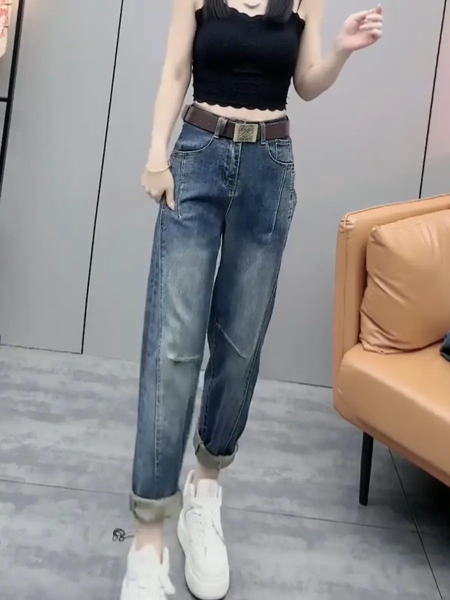 Plus Size Women's Retro Straight Cropped Jeans 2025 Spring New Trendy Slimming Harem Pants — feature 8
