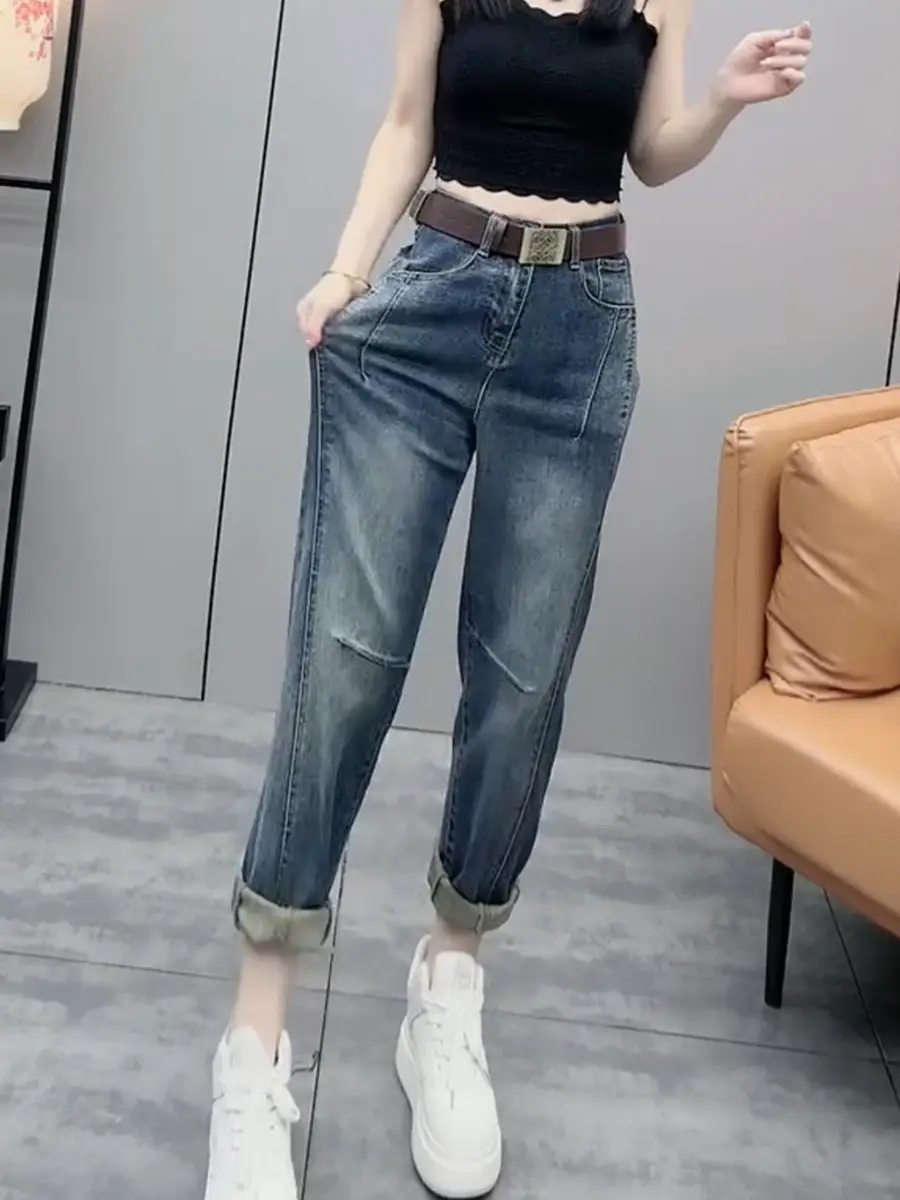Plus Size Women's Retro Straight Cropped Jeans 2025 Spring New Trendy Slimming Harem Pants — feature 9