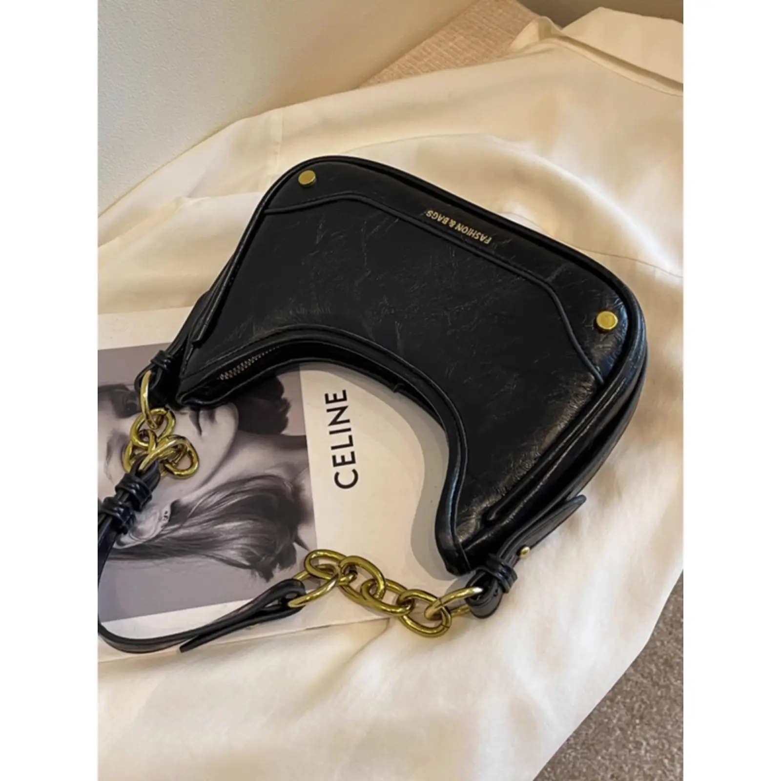 Women's Brown Leather Crossbody Bag with Gold Chain - Image 4