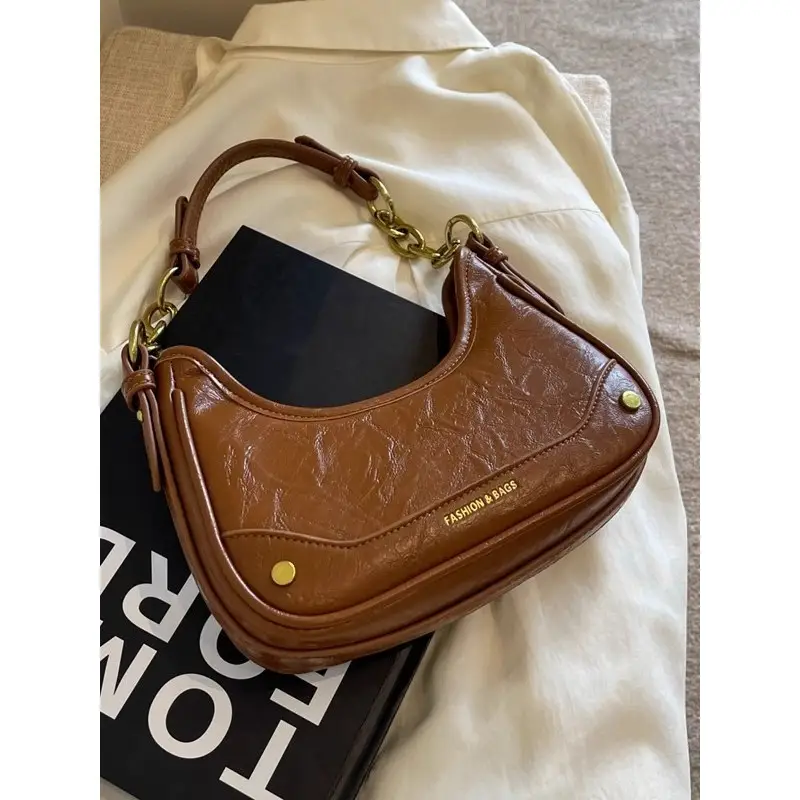 Women's Brown Leather Crossbody Bag with Gold Chain - Image 5