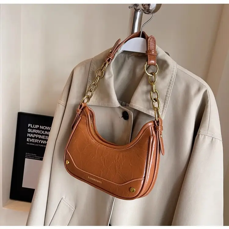 Women's Brown Leather Crossbody Bag with Gold Chain — feature 26