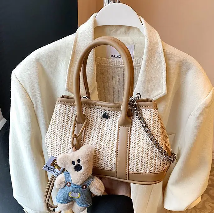 Women Straw Handbag with Cute Bear Design