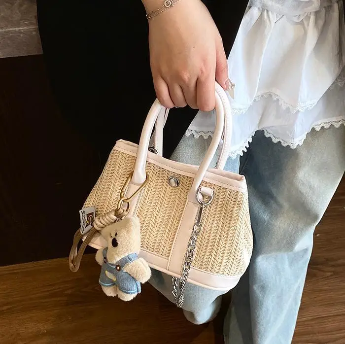 Women Straw Handbag with Cute Bear Design