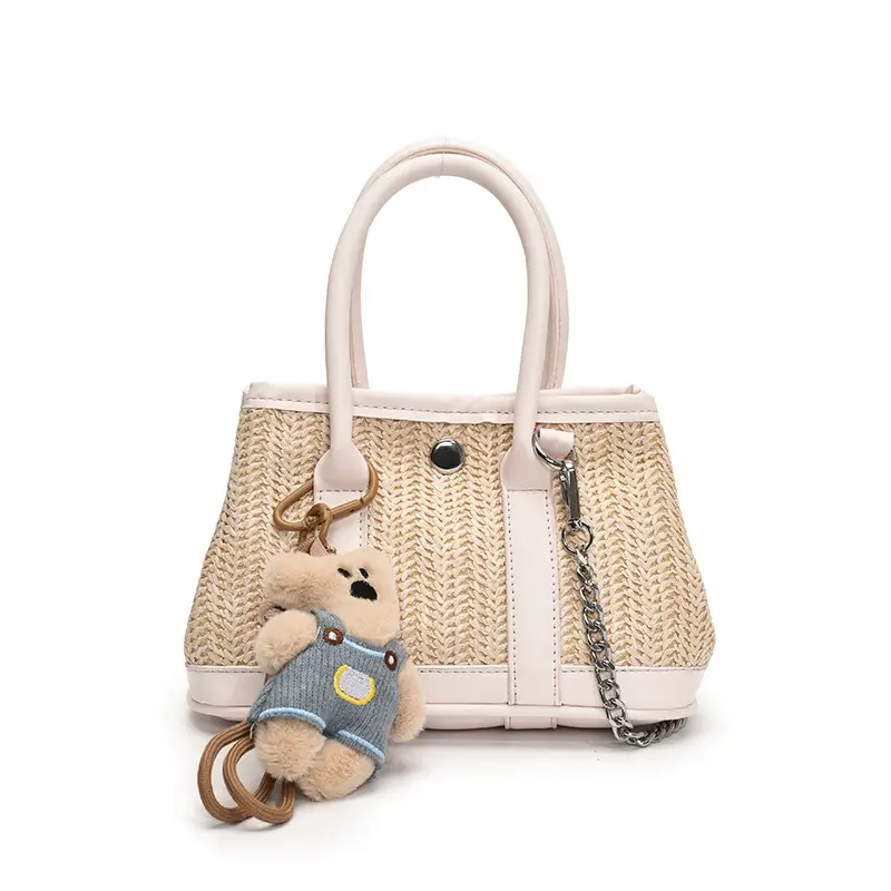 Women Straw Handbag with Cute Bear Design