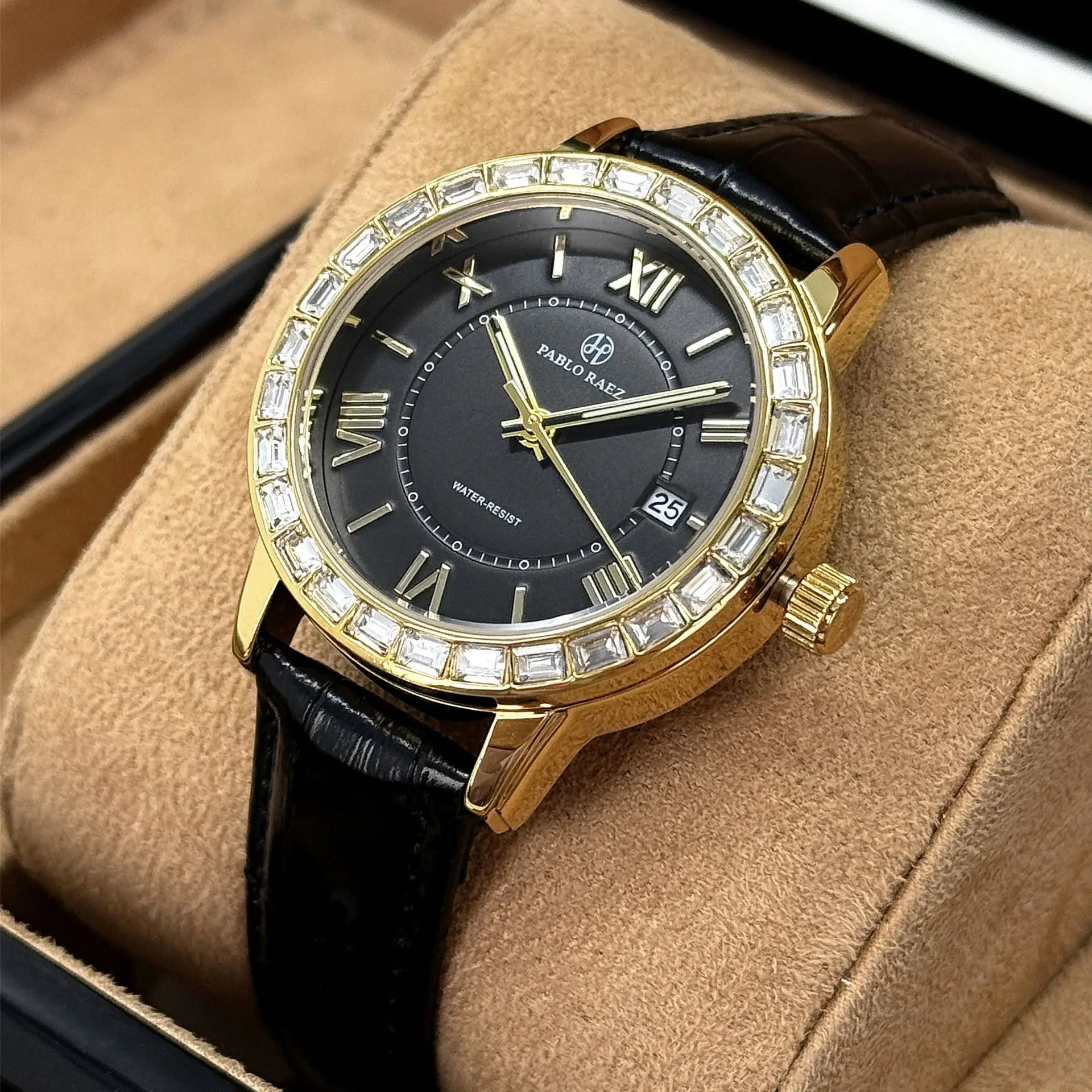 Women's Black Calendar Watch with Gold Plated Dial
