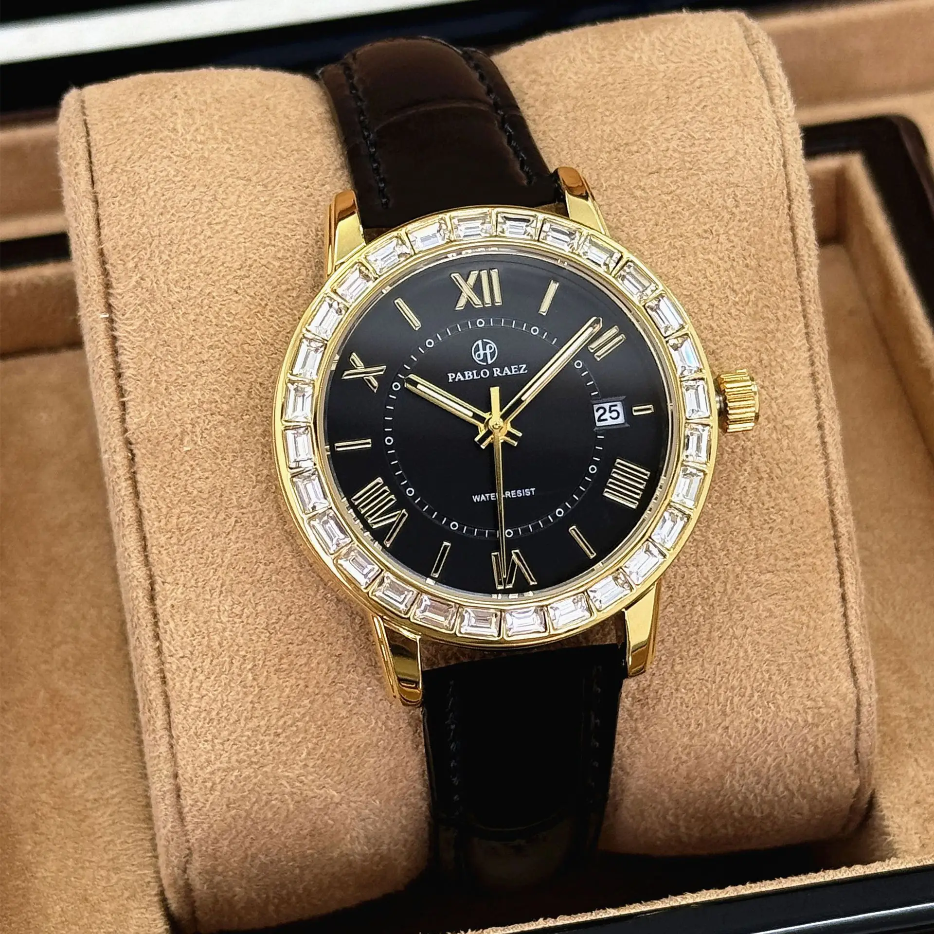 Women's Black Calendar Watch with Gold Plated Dial