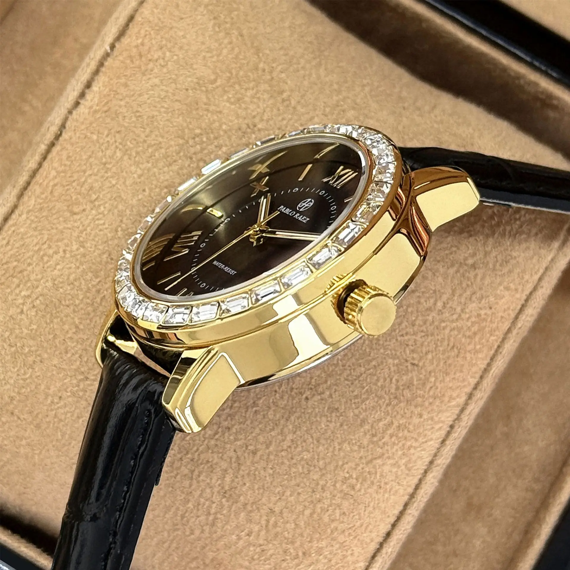 Women's Black Calendar Watch with Gold Plated Dial