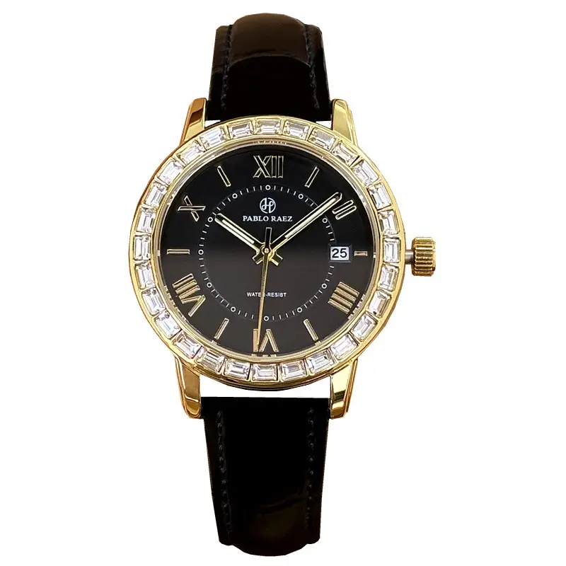 Women's Black Calendar Watch with Gold Plated Dial