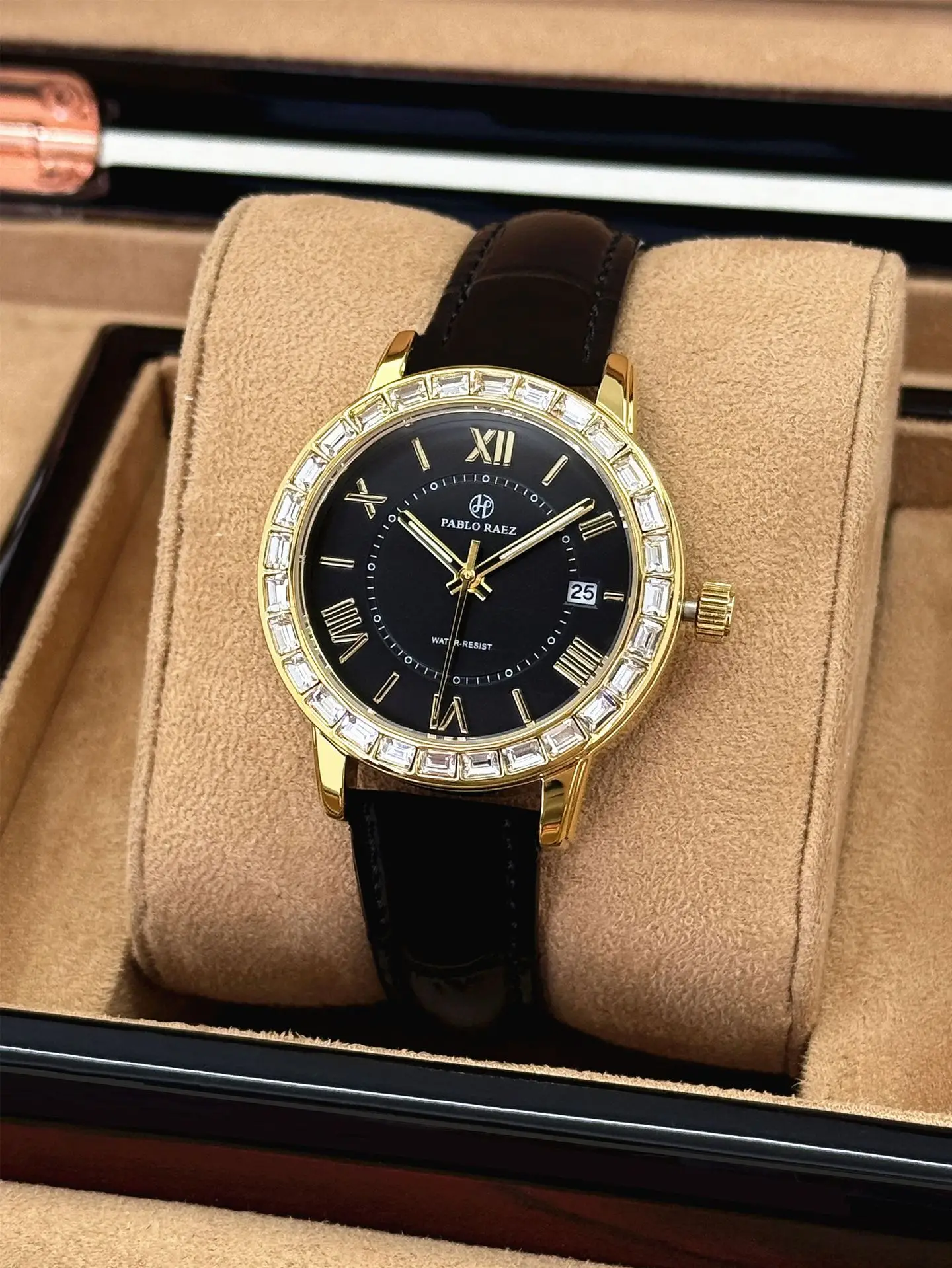 Women's Black Calendar Watch with Gold Plated Dial