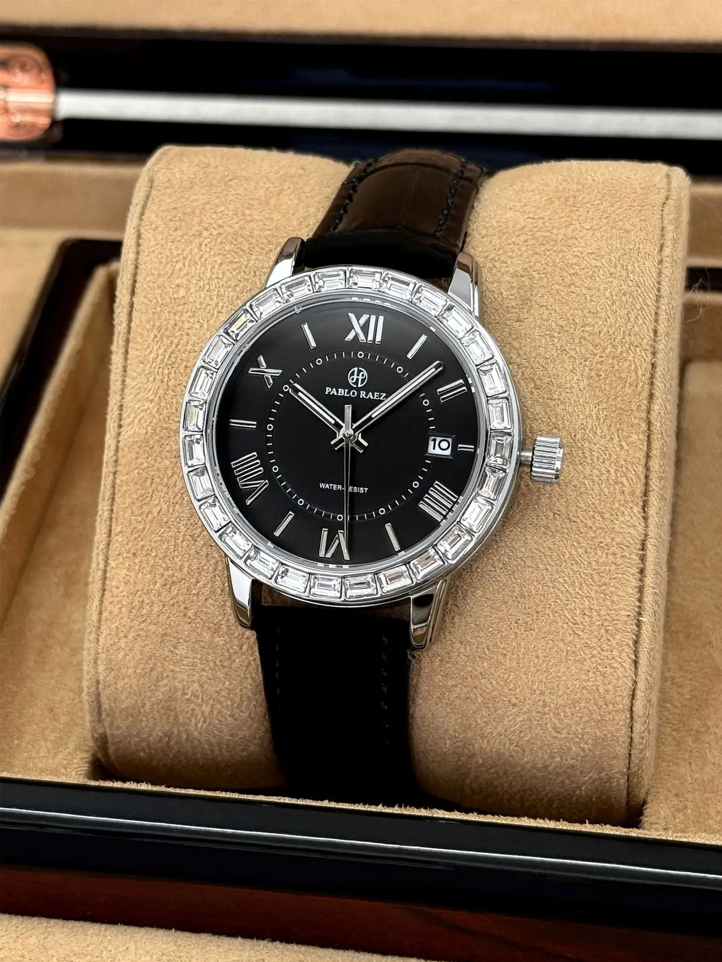 Women's Black Calendar Watch with Gold Plated Dial