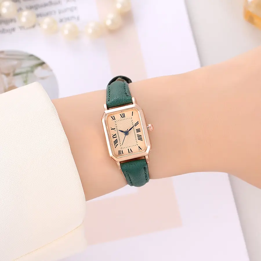 Women's Green Leather Roman Numeral Watch - Image 7