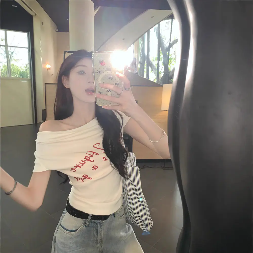 Women's 2025 Short-Sleeved Slim-Fit T-Shirt with Short Neck Collar for Summer Letter Print Slim Look Spice Girls All-Match Short Shoulder Top - Image 5