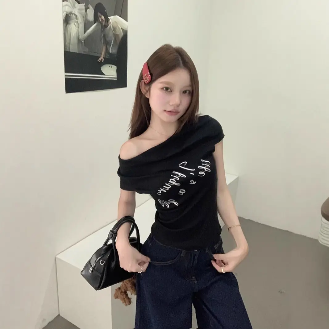 Women's 2025 Short-Sleeved Slim-Fit T-Shirt with Short Neck Collar for Summer Letter Print Slim Look Spice Girls All-Match Short Shoulder Top - Image 2