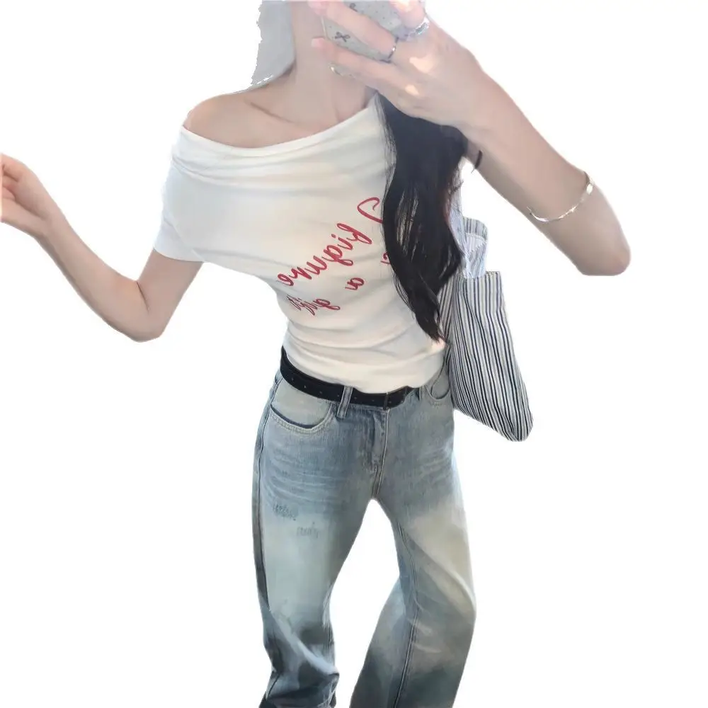 Women's 2025 Short-Sleeved Slim-Fit T-Shirt with Short Neck Collar for Summer Letter Print Slim Look Spice Girls All-Match Short Shoulder Top - Image 6