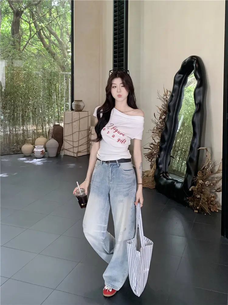 Women's 2025 Short-Sleeved Slim-Fit T-Shirt with Short Neck Collar for Summer Letter Print Slim Look Spice Girls All-Match Short Shoulder Top — feature 10