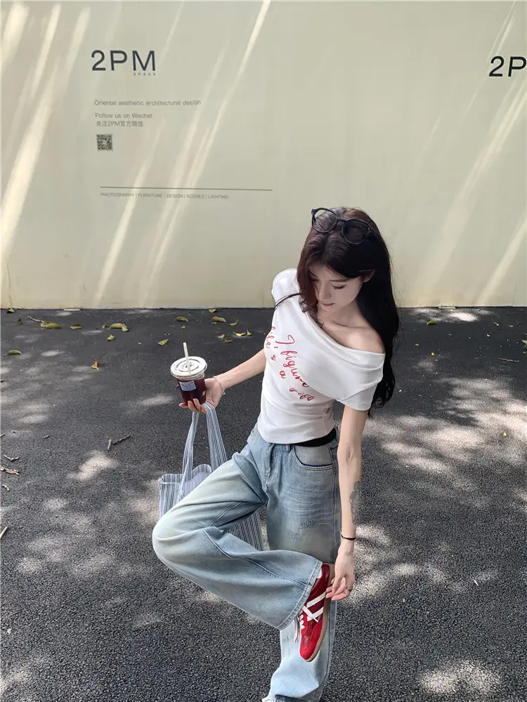 Women's 2025 Short-Sleeved Slim-Fit T-Shirt with Short Neck Collar for Summer Letter Print Slim Look Spice Girls All-Match Short Shoulder Top — feature 12