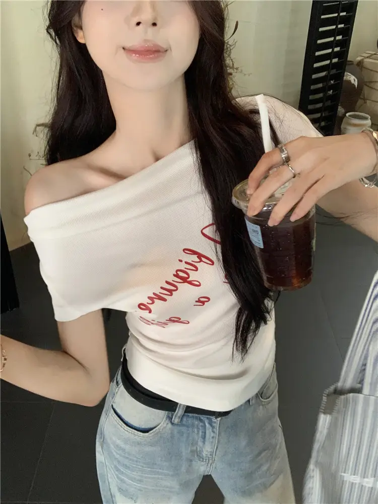 Women's 2025 Short-Sleeved Slim-Fit T-Shirt with Short Neck Collar for Summer Letter Print Slim Look Spice Girls All-Match Short Shoulder Top — feature 13