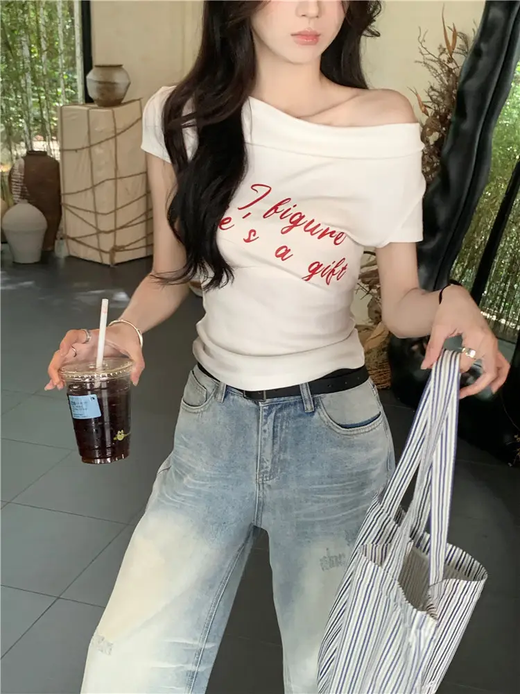 Women's 2025 Short-Sleeved Slim-Fit T-Shirt with Short Neck Collar for Summer Letter Print Slim Look Spice Girls All-Match Short Shoulder Top — feature 14