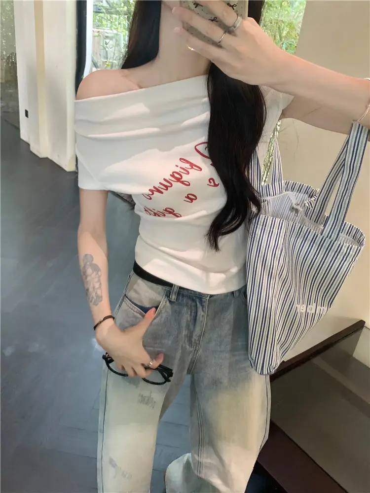 Women's 2025 Short-Sleeved Slim-Fit T-Shirt with Short Neck Collar for Summer Letter Print Slim Look Spice Girls All-Match Short Shoulder Top — feature 15