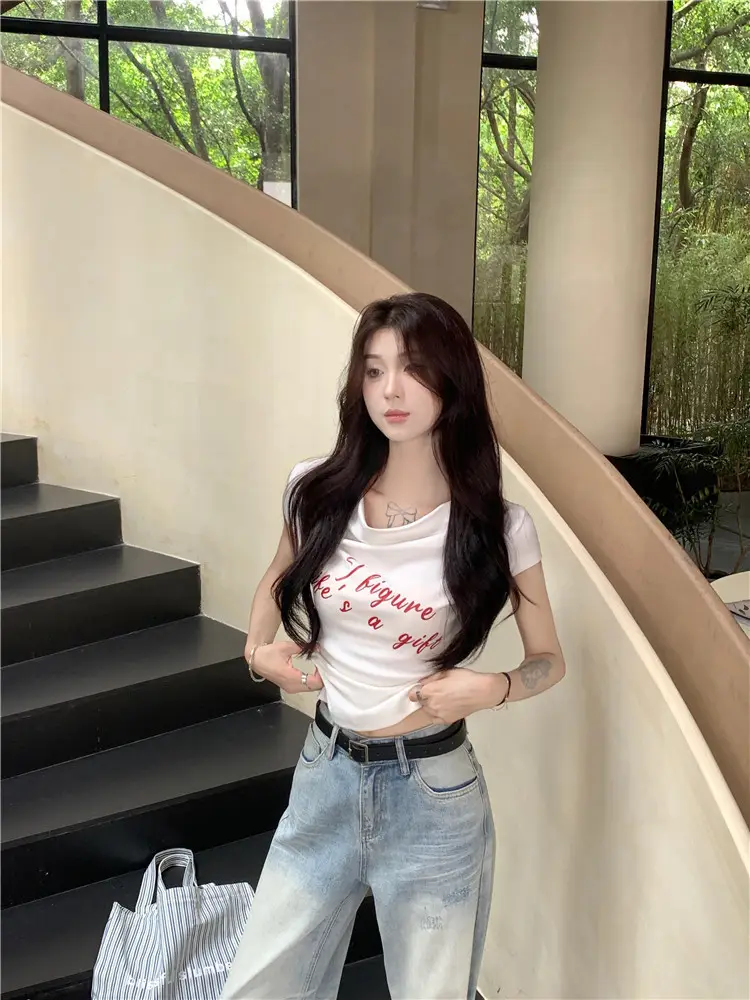 Women's 2025 Short-Sleeved Slim-Fit T-Shirt with Short Neck Collar for Summer Letter Print Slim Look Spice Girls All-Match Short Shoulder Top — feature 2