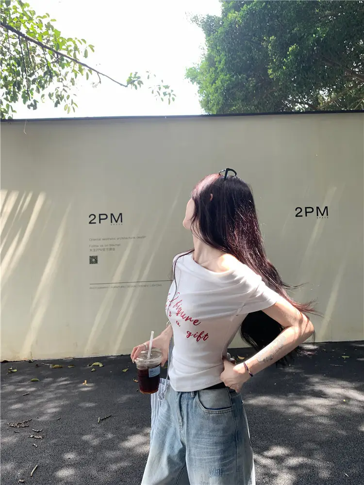 Women's 2025 Short-Sleeved Slim-Fit T-Shirt with Short Neck Collar for Summer Letter Print Slim Look Spice Girls All-Match Short Shoulder Top — feature 7