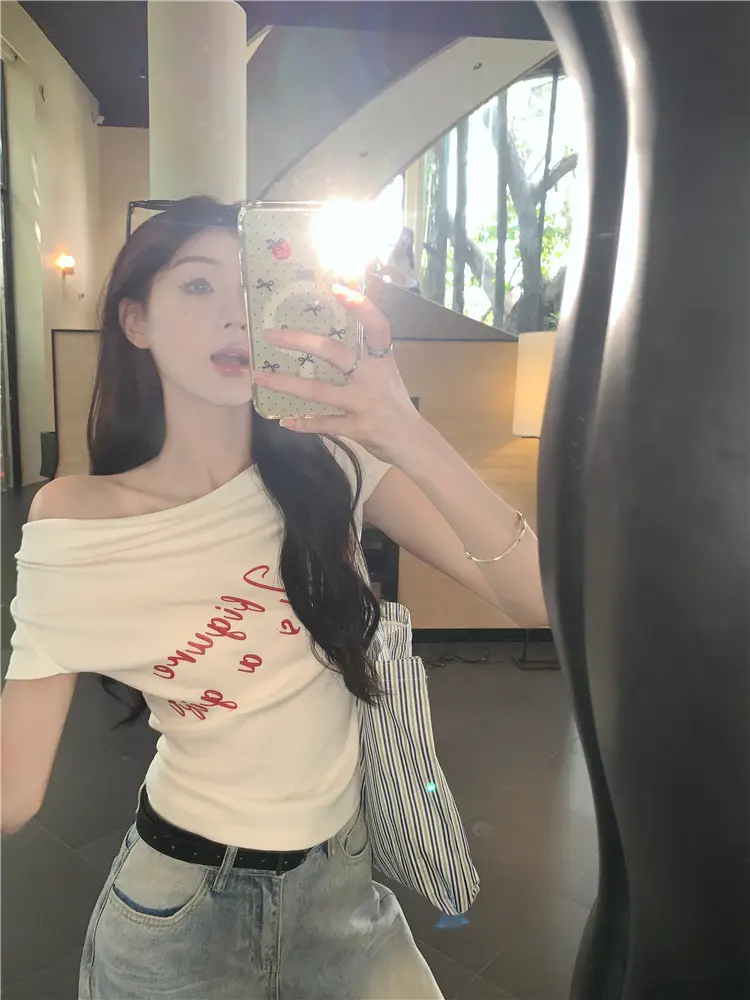 Women's 2025 Short-Sleeved Slim-Fit T-Shirt with Short Neck Collar for Summer Letter Print Slim Look Spice Girls All-Match Short Shoulder Top — feature 9