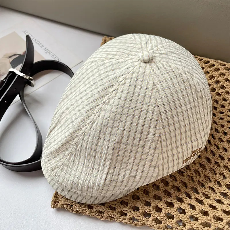 Vintage Pink Plaid Beret Women's Spring New Anti-wearing Newsboy Cap Big Head Fashion All-match Cap - Image 4