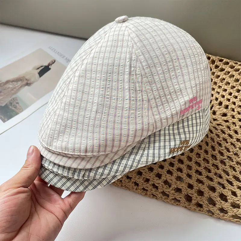 Vintage Pink Plaid Beret Women's Spring New Anti-wearing Newsboy Cap Big Head Fashion All-match Cap — feature 16
