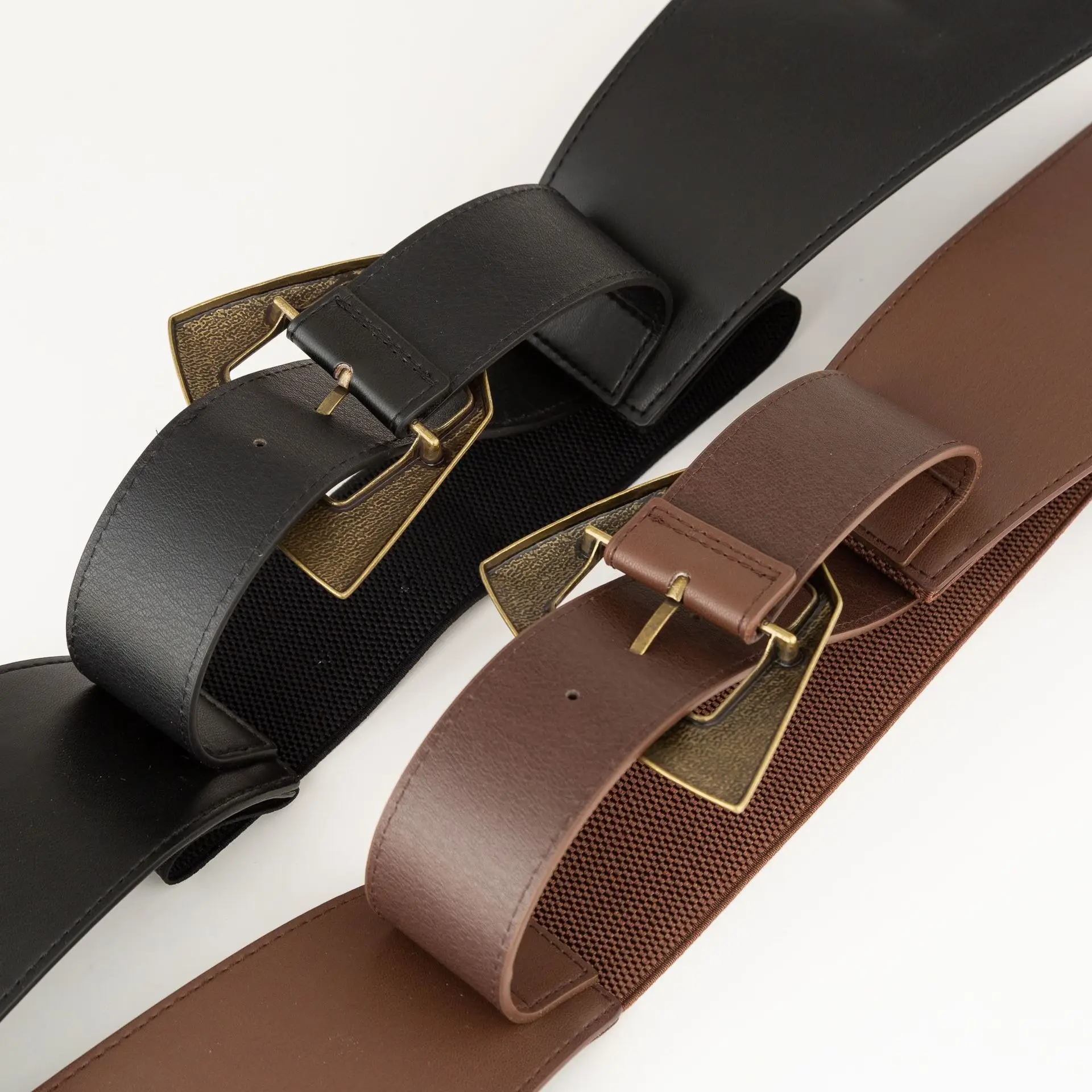 Women's Black & Brown Elastic Waist Belt with Gold Buckle — feature 11