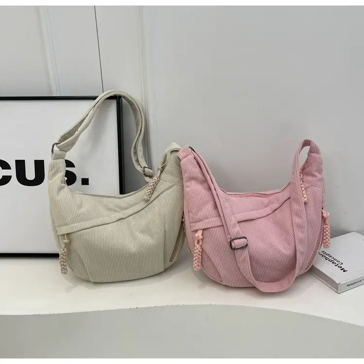 Women's Beige Ribbed Shoulder Bag with Tassel — feature 21