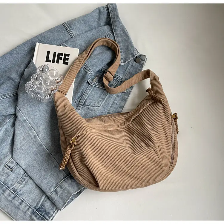 Women's Beige Ribbed Shoulder Bag with Tassel — feature 25