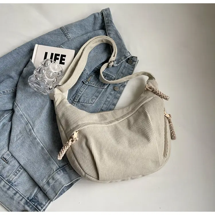 Women's Beige Ribbed Shoulder Bag with Tassel — feature 26