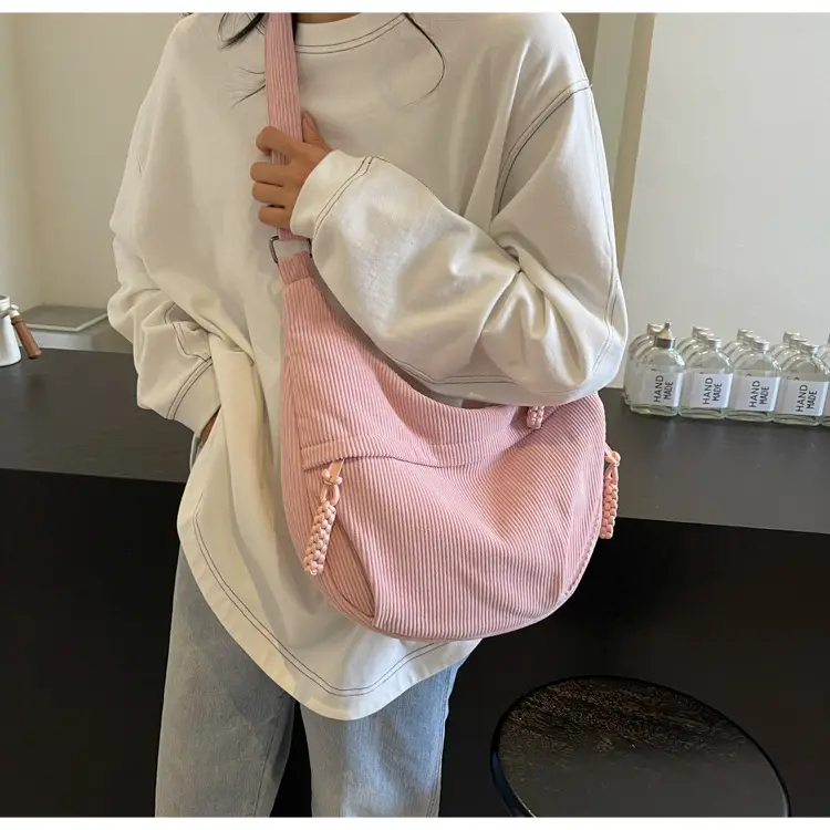 Women's Beige Ribbed Shoulder Bag with Tassel — feature 29