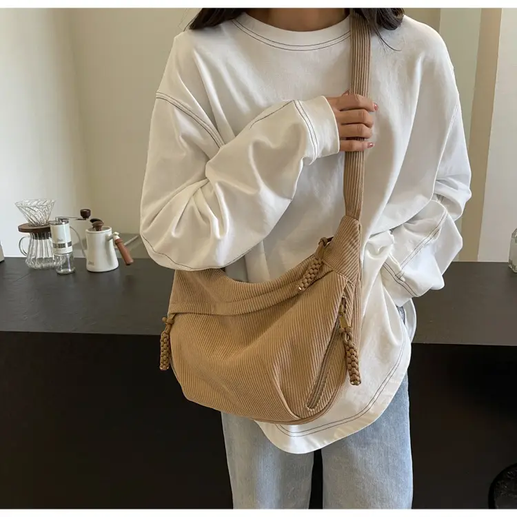 Women's Beige Ribbed Shoulder Bag with Tassel — feature 32