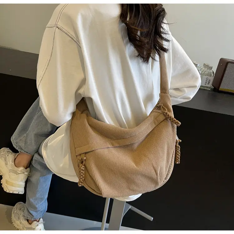 Women's Beige Ribbed Shoulder Bag with Tassel — feature 34