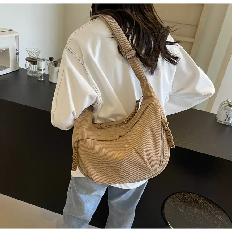 Women's Beige Ribbed Shoulder Bag with Tassel — feature 35