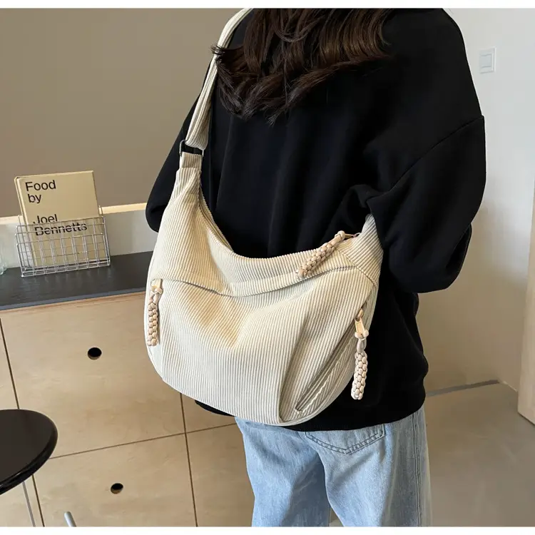 Women's Beige Ribbed Shoulder Bag with Tassel — feature 41