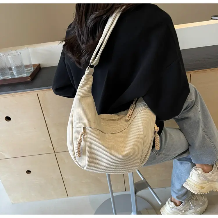 Women's Beige Ribbed Shoulder Bag with Tassel — feature 43