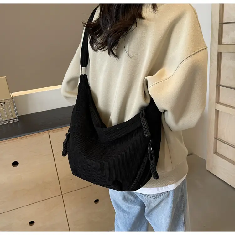 Women's Beige Ribbed Shoulder Bag with Tassel — feature 45