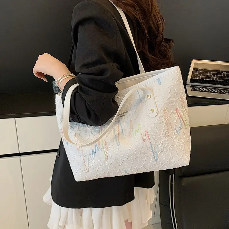 Women's Light Blue Embroidered Tote Bag Large Capacity - Image 7