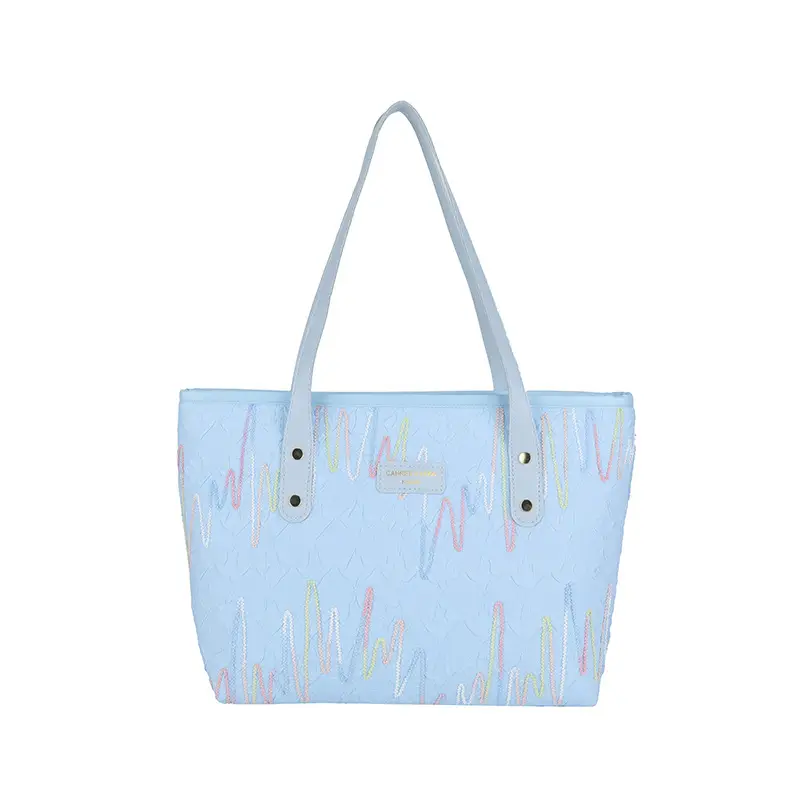 Women's Light Blue Embroidered Tote Bag Large Capacity - Image 9