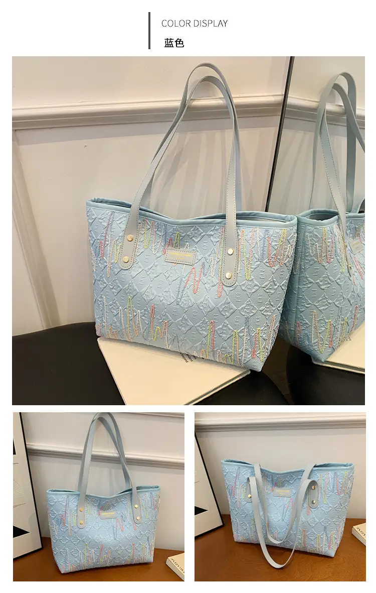 Women's Light Blue Embroidered Tote Bag Large Capacity — feature 14